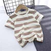 Children's short-sleeved striped T-shirt niche new summer clothes for boys and girls half-sleeved children's clothing trendy loose round neck top T  Khaki