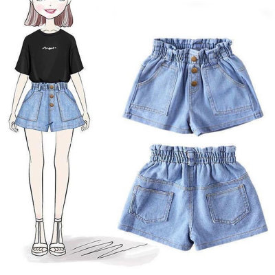 Calças de roupas infantis de comércio exterior 2024 verão novo estilo infantil versátil cintura elástica emenda shorts jeans abotoados para crianças médias e grandes