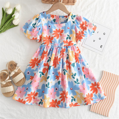 Korean style children's clothing floral girl's dress summer puff sleeve baby girl short-sleeved skirt tropical resort style children's clothing