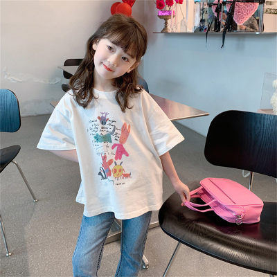 T-shirt per bambini alla moda in puro cotone a maniche corte da bambina, top a mezza manica stampato davanti e dietro allentato estivo