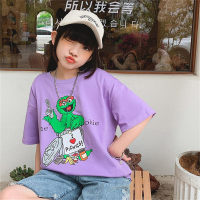 Camiseta de algodón de manga corta para niñas, Camiseta holgada informal deportiva con estampado de cuello redondo y dibujos animados para niños y niñas  Púrpura