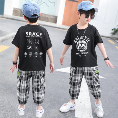Two-piece solid color plaid simple style T-shirt suit for middle and large children