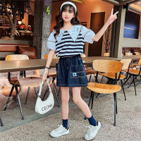 Girls suit summer fashionable style new Korean style children's striped short-sleeved denim shorts 2-piece set  Black