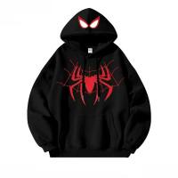 American retro spider jacket for middle and large children, hooded sweatshirt, children's clothing for autumn and winter, loose and fashionable cartoon tops, cool  Black