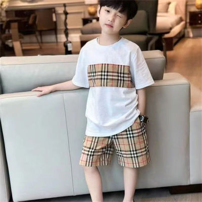 New medium and large children's casual wide fashionable plaid trousers and tops two-piece set