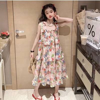 Girls summer dress pastoral style sweet floral dress medium and large children thin spliced long dress suspender dress