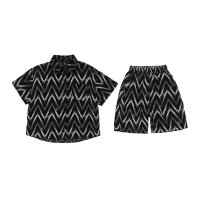 Terno de manga curta de veludo real para meninos, camisa legal, duas peças, camisa infantil pequena e média  Preto