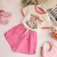 Girls summer medium and large children's fashionable girls short-sleeved shorts casual two-piece set  Pink