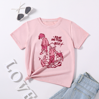 Camiseta infantil com estampa de letras casuais de manga curta com padrão de desenho animado de verão