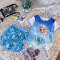 2024 new children's short-sleeved pajamas summer suit jacquard cartoon middle and large children boys and girls summer home clothes trend  Blue