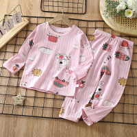 Meninas roupas de casa de algodão puro terno verão pijamas de mangas compridas finas roupas de ar condicionado roupas infantis  Rosa