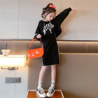 Mädchenanzug mit Kapuze, großes Kinderkleid, Frühlingskleid, modisches Sweatshirt im koreanischen Stil für Mädchen, Westenkleid, zweiteiliges Set  Schwarz
