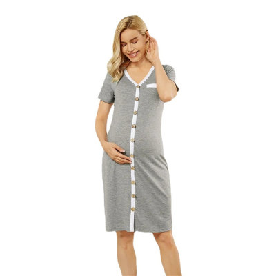 Maternity Cardigan Color Blocking Button Short-sleeved Dress Pajamas