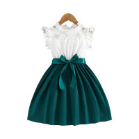 فستان بناتي بحزام لون خالص  أخضر عميق