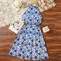 Vestido de verano para niñas, elegante vestido floral con cuello halter, diseño que revela la cintura, vestido de chaleco francés  Azul