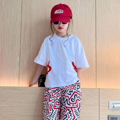 Girls summer thin wide-leg pants sports suits medium and large children's loose T-shirt trousers two-piece suit trendy