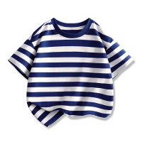 Boys summer clothing solid color short-sleeved T-shirt striped half-sleeved medium and large children  Navy Blue