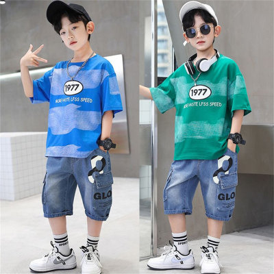 Boys' trendy summer suits 2024 new short-sleeved jeans fashionable and handsome smudge-dyed two-piece suits for middle and large children