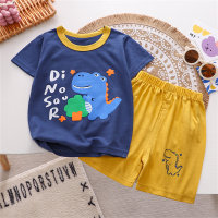 New summer children's clothing children's short-sleeved shorts pure cotton home clothes suit  Deep Blue