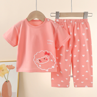 Children's short-sleeved suit pure cotton summer baby T-shirt girls pajamas summer children's clothing  Pink