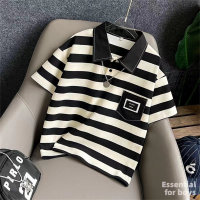 Polo collar boys short sleeves loose casual trendy T-shirt for older children  black and white stripes