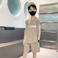 Summer children's loose casual sleeveless vest suit boys and girls letter print waistcoat five-point pants two-piece suit  Taupe