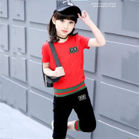 Children's clothing boys' sportswear short-sleeved cropped pants girls' casual two-piece set threaded splicing  Red