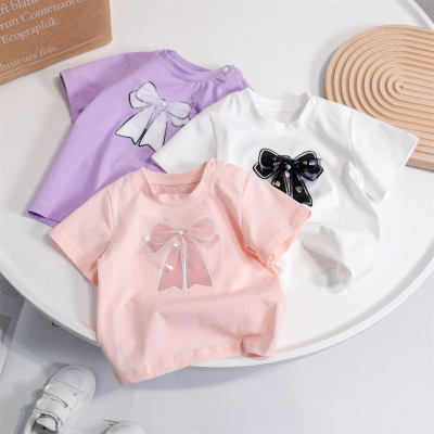 2024 new summer short-sleeved candy-colored fashionable and simple bow-knot short-sleeved sweet T-shirt for children and middle-aged children