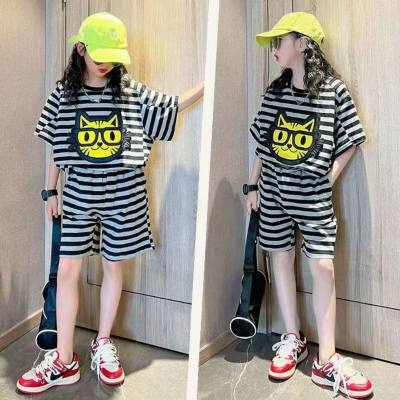 Girls striped short-sleeved suits summer new style fashionable cartoon T-shirt shorts Korean version of two-piece suit