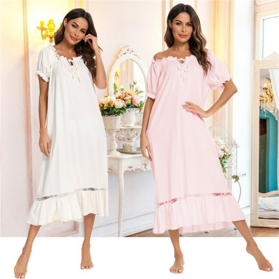 Pregnant Mom Solid Color Puff Sleeve Home Nightdress