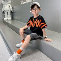 Korean style trendy short-sleeved thin short-sleeved T-shirt for middle and large boys Korean style casual pants two-piece suit  Black