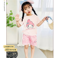 Summer new cute cartoon library fashion plaid home two-piece set  Pink