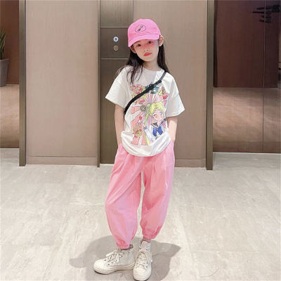 Sailor Moon children's clothing Korean version for middle and large children's girls summer clothing short-sleeved nine-point pants suit trendy two-piece suit for children