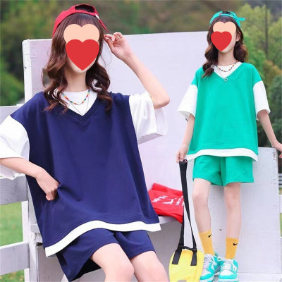 Meninas estilo coreano casual terno infantil verão novo estilo falso de duas peças de manga curta moda calções esportivos conjunto de duas peças