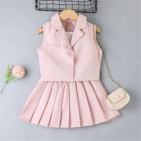 Summer girls' suspender T-shirt + skirt + vest jacket three-piece set British style pleated skirt suit  Pink