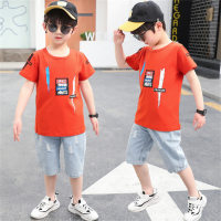 Boys summer denim T-shirt fashionable casual short-sleeved suit  Red