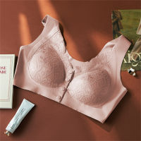 Spring and summer lace breathable thin mother bra fixed cup without steel ring front opening comfortable  Pink