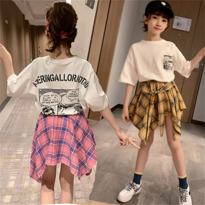 Novo estilo coreano terno estilo infantil terno saia de manga curta roupas saia xadrez conjunto de duas peças