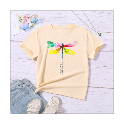 Camiseta estampada de desenhos animados de manga curta de verão com padrão de libélula colorida