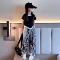 Girls summer clothes Korean version 2023 new fashionable children's clothes thin style contrast color short-sleeved tops cool wide-leg pants two-piece set  Multicolor