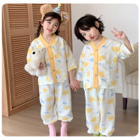 New children's home wear set, loose and thin pajamas for boys and girls  Yellow