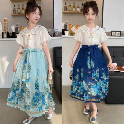 Two-piece printed skirt suit for middle and large children