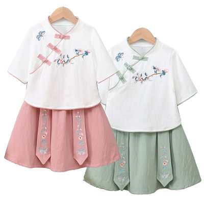 Hanfu girls summer thin Chinese style super fairy skirt middle child retro Tang suit little girl suit children two-piece suit