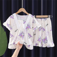 Pajamas for girls summer thin short-sleeved girls' medium and large children's home clothes summer air-conditioned clothes suits  Light Purple