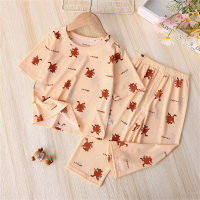 Girls' new style children's mid-sleeve all-print home clothes  Khaki
