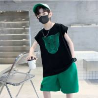 Boys summer clothes handsome cartoon vest shorts two-piece suits middle and large children boys sports suits trendy  Green