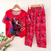 24 new children's pajamas boys and girls summer thin short-sleeved trousers boys children summer children air conditioning home  Red