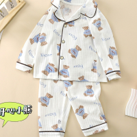 Children's summer pure cotton lapel home clothes suit boy's pajamas home clothes suit  Khaki