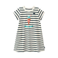 2024 Frühjahr und Sommer Mädchen A-Linie bedrucktes, kurzärmliges T-Shirt-Kleid aus frischer Baumwolle  schwarze und weiße Streifen