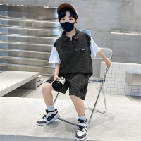 Boys' stand-up collar small stripe zipper suit summer children's clothing cool street short-sleeved two-piece suit  Black